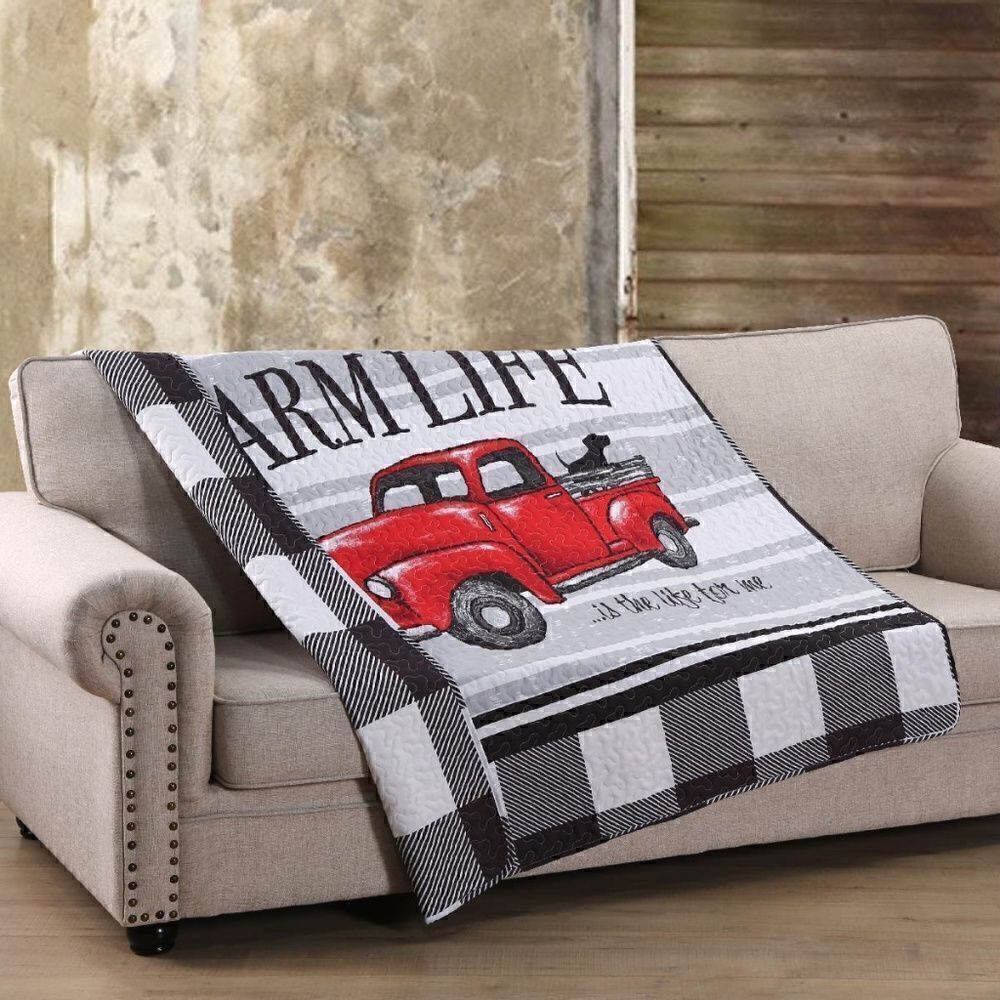 NEW! Farmhouse Vintage Red Truck Quilted Throw Blanket Farm Life Country Lodge